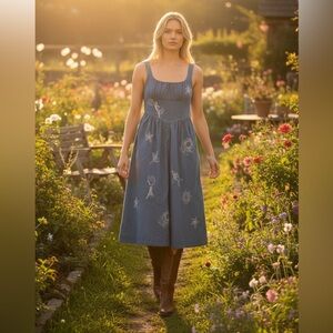 Milkmaid Sundress Denim Dress Small Star Celestial Embroidered Cowgirl Cottage